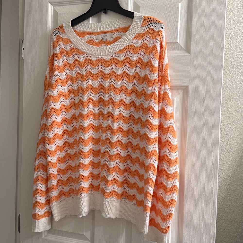 LOFT Like New Orange & White Crew Neck Chevron Pointelle Sweater Women Size XXL
